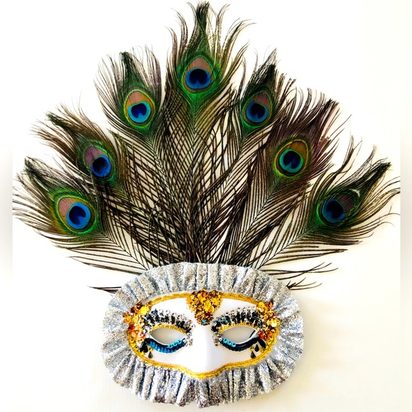 Beaded eye mask grn ostrich feathers Carnevale Masquerade Mardi Gras Halloween - Picture 14 of 16
